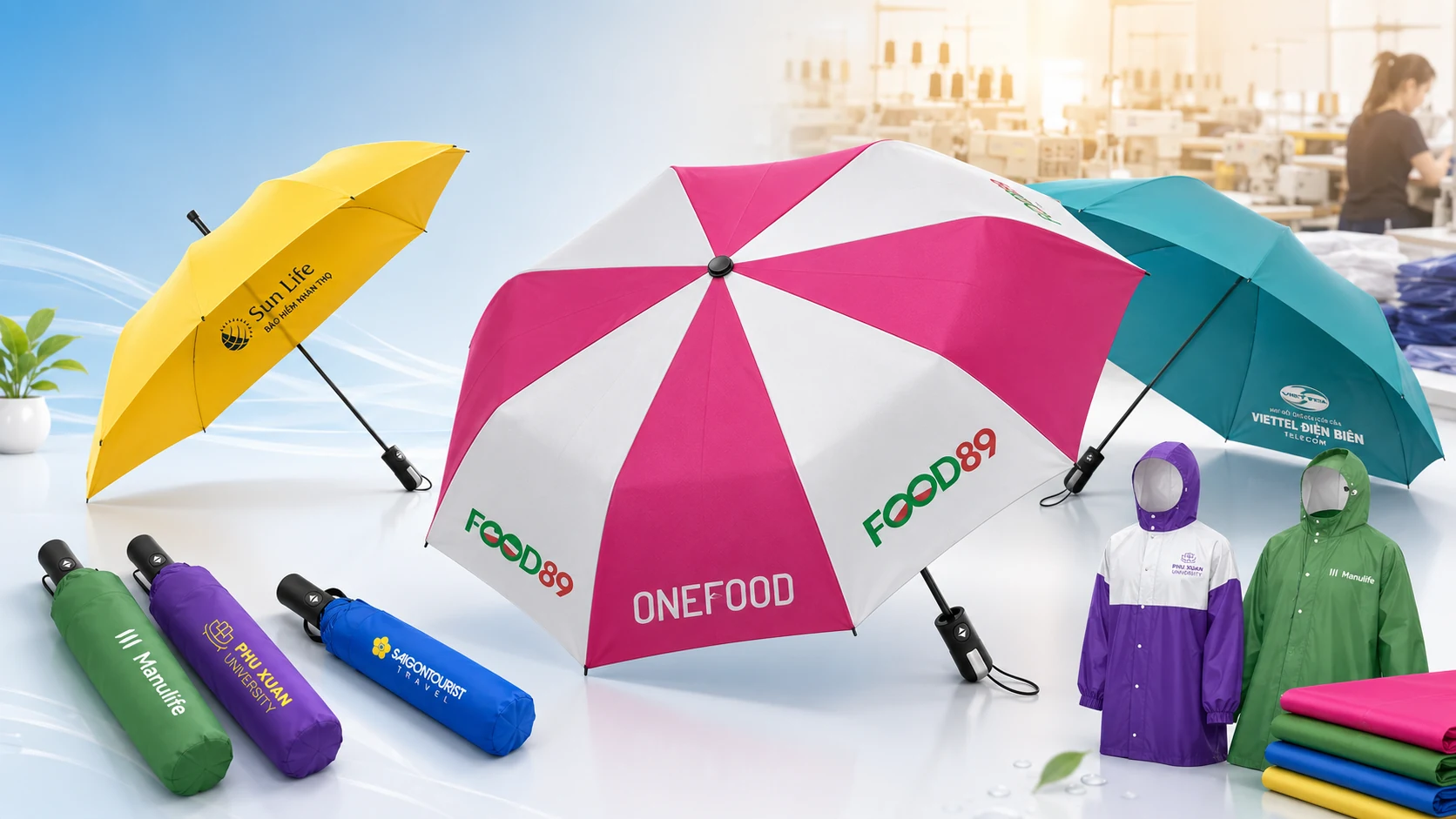 May An Việt sản xuất ô dù in logo doanh nghiệp